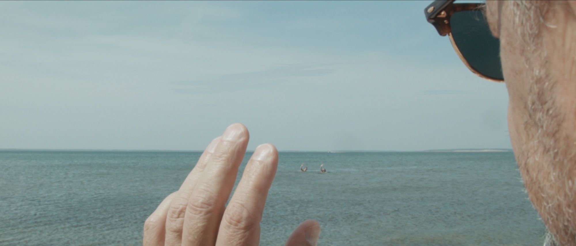 Cronos film still: an older man looking toward swimmers at sea